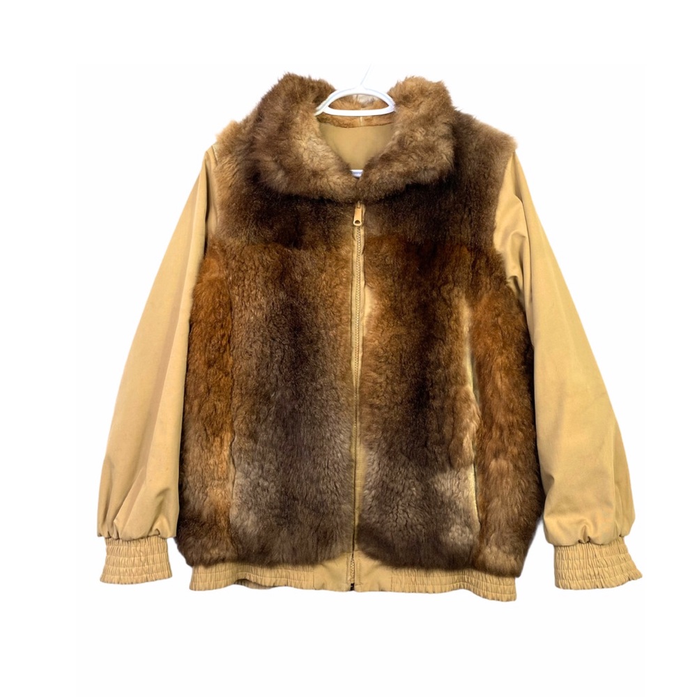 Vintage 70s Genuine Fur Reversible Tan Bomber Windbreaker Jacket Ribbed Hem M